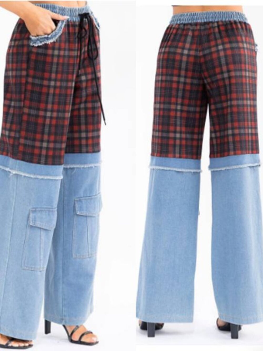 Women's Wide Leg Trousers On Trend Plaid Contrast Denim Accents Pants